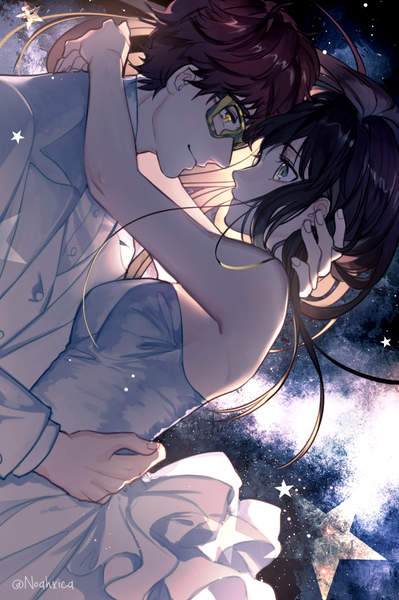 Anime picture 798x1200 with mystic messenger 707 (mystic messenger) protagonist (mystic messenger) noahxica long hair tall image short hair black hair smile brown hair bare shoulders signed yellow eyes fingernails grey eyes couple hug face to face eye contact girl