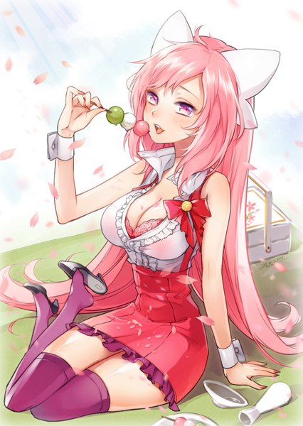 Anime picture 700x985 with original lovecloud tomeko siting zeng single long hair tall image looking at viewer open mouth light erotic sitting bare shoulders pink hair cleavage pink eyes from above spring girl thighhighs hair ornament