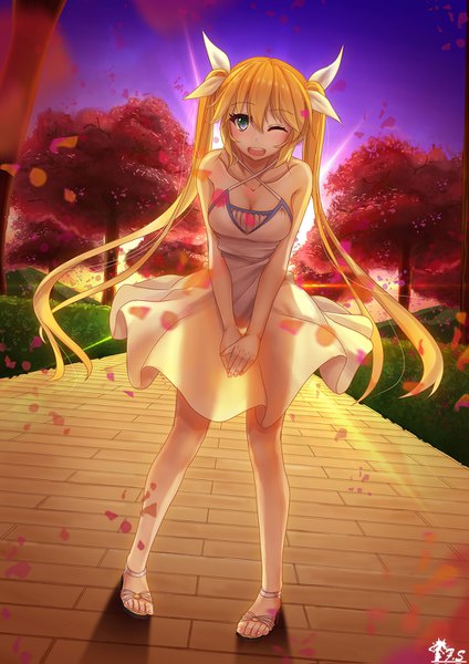 Anime picture 1000x1415 with original fs (pixiv1048195) single long hair tall image looking at viewer blush fringe open mouth blonde hair hair between eyes standing twintails green eyes signed sky :d one eye closed wind wink