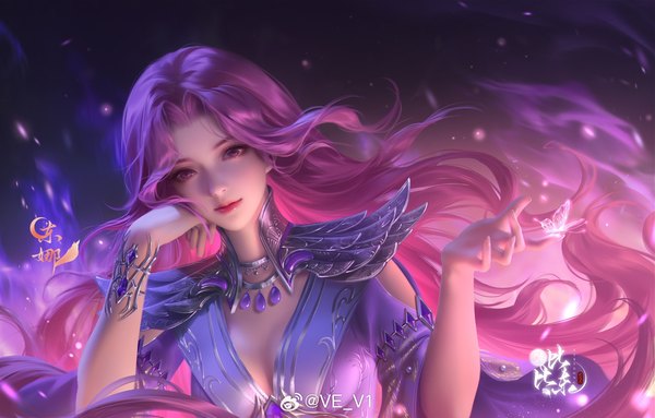 Anime picture 2349x1499 with douluo continent bibi dong (douluo dalu) ji hui zhaoxi single long hair looking at viewer highres breasts signed pink hair upper body head tilt pink eyes realistic copyright name character names floating hair head rest girl bracelet