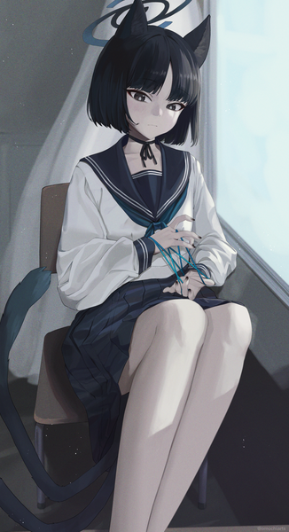 Anime picture 1020x1877 with blue archive kikyou (blue archive) omochiarts single tall image short hair black hair animal ears tail nail polish animal tail black eyes cat ears bare legs cat girl cat tail looking down black nail polish girl uniform