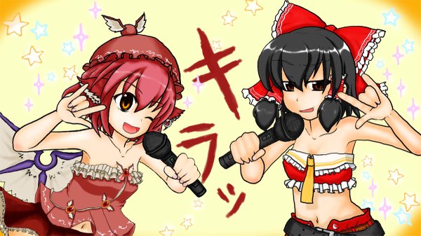 Anime picture 1200x675 with macross macross frontier touhou hakurei reimu mystia lorelei wide image multiple girls midriff parody mmm \m/ girl 2 girls microphone seikan hikou announ