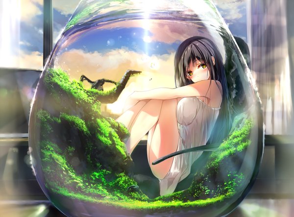 Anime picture 1050x777 with original wingheart single long hair looking at viewer blush fringe breasts light erotic black hair sitting yellow eyes sky cloud (clouds) indoors sunlight lens flare evening sunset underwater