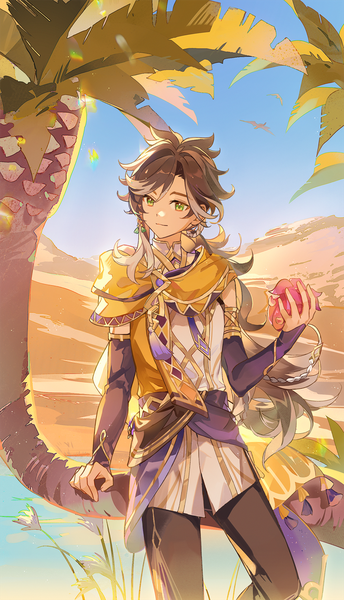Anime picture 1000x1745 with genshin impact sethos (genshin impact) sevallasd single long hair tall image brown hair standing green eyes looking away outdoors light smile arm support low ponytail desert boy plant (plants) tree (trees) fruit palm tree