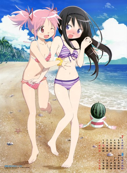 Anime picture 5909x8037 with mahou shoujo madoka magica shaft (studio) akemi homura kaname madoka kyuubee long hair tall image blush highres short hair open mouth light erotic black hair red eyes purple eyes twintails multiple girls pink hair absurdres one eye closed