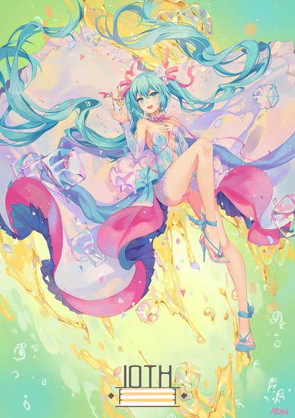 Anime picture 990x1400 with vocaloid hatsune miku atdan single tall image looking at viewer blush fringe breasts open mouth light erotic hair between eyes twintails bare shoulders signed ahoge very long hair nail polish :d hair flower