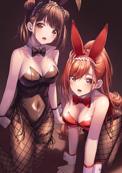 Anime picture 2480x3508 with idolmaster idolmaster shiny colors arisugawa natsuha sonoda chiyoko sora (men0105) long hair tall image looking at viewer blush fringe highres breasts open mouth light erotic simple background smile brown hair large breasts bare shoulders multiple girls