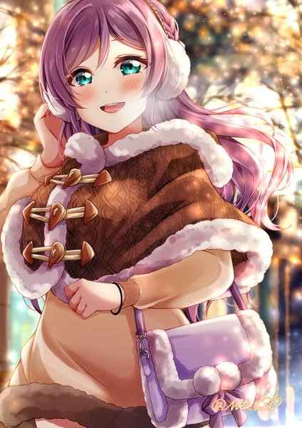 Anime picture 3541x5016 with love live! school idol project sunrise (studio) love live! toujou nozomi nota ika single long hair tall image blush highres open mouth signed absurdres purple hair outdoors :d aqua eyes fur trim twitter username girl