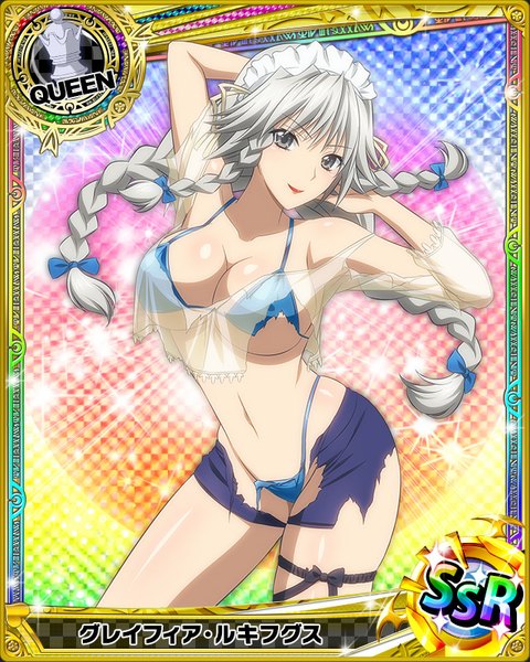 Anime picture 640x800 with highschool dxd grayfia lucifuge single long hair tall image looking at viewer light erotic smile braid (braids) grey hair grey eyes torn clothes card (medium) girl navel bow hair bow headdress maid headdress transparent clothing