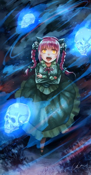 Anime picture 2272x4376 with touhou kaenbyou rin madcocoon single long hair tall image highres open mouth animal ears red hair braid (braids) cat ears orange eyes twin braids glowing looking up crossed arms extra ears girl dress