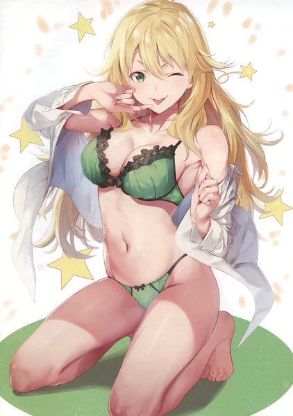 Anime picture 2131x3033 with idolmaster hoshii miki sola (solo0730) single long hair tall image looking at viewer blush fringe highres breasts light erotic simple background blonde hair hair between eyes white background bare shoulders green eyes cleavage full body