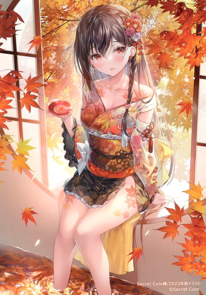 Anime picture 2096x3002 with original miwabe sakura single long hair tall image fringe highres black hair hair between eyes red eyes sitting holding looking away braid (braids) traditional clothes japanese clothes hair flower from above scan wide sleeves