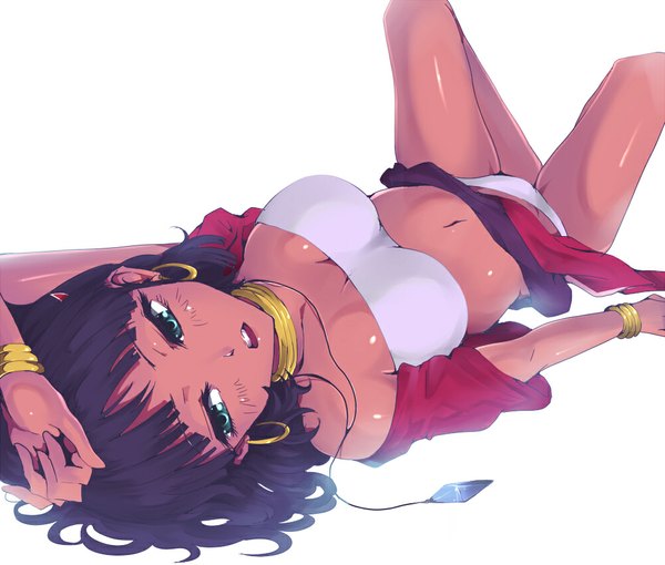 Anime picture 1000x850 with fushigi no umi no nadia nadia kasai shin single short hair breasts open mouth light erotic black hair simple background white background green eyes lying dark skin girl underwear panties earrings bracelet pendant