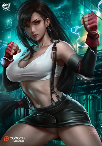 Anime picture 2817x4000 with final fantasy final fantasy vii square enix tifa lockhart logan cure single long hair tall image looking at viewer fringe highres breasts light erotic black hair hair between eyes red eyes large breasts standing bare shoulders signed
