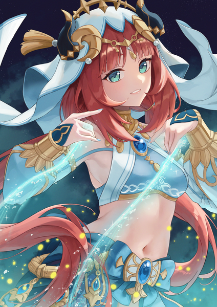 Anime picture 1488x2105 with genshin impact nilou (genshin impact) hal aluha single long hair tall image blush fringe breasts twintails bare shoulders looking away red hair blunt bangs long sleeves nail polish horn (horns) aqua eyes midriff low twintails