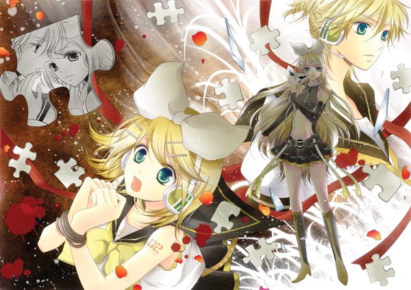 Anime picture 1200x849 with vocaloid vocaloid append kagamine rin kagamine len kagamine rin (append) awami kisa (artist) long hair short hair open mouth blonde hair aqua eyes multiple persona girl boy hair ornament bow ribbon (ribbons) hair bow detached sleeves petals