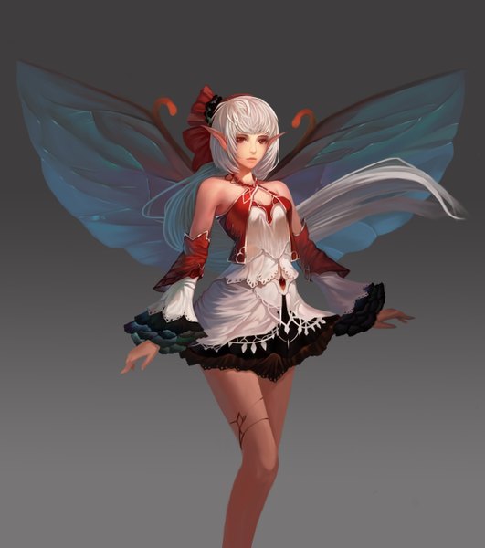 Anime picture 2480x2802 with final fantasy square enix sangatsu kokonoka single long hair tall image highres breasts simple background red eyes bare shoulders cleavage silver hair lips pointy ears grey background legs fantasy insect wings butterfly wings