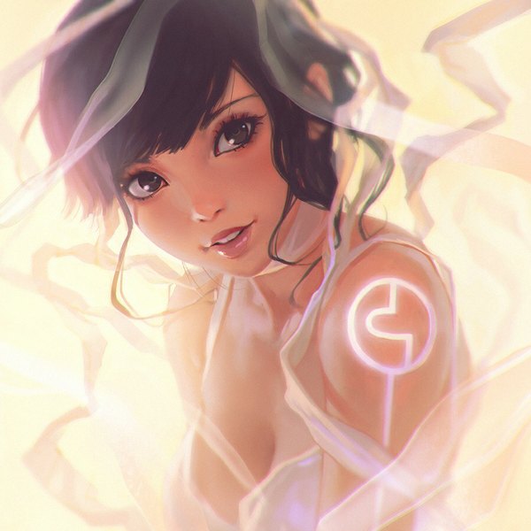 Anime picture 900x900 with original ilya kuvshinov single looking at viewer fringe short hair brown hair bare shoulders brown eyes parted lips light smile teeth close-up girl ribbon (ribbons)