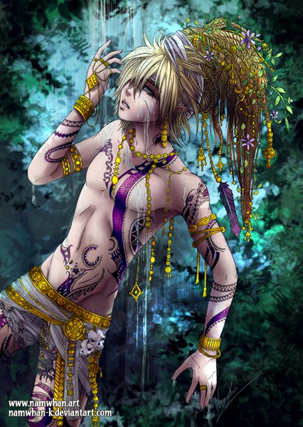 Anime picture 568x800 with original eleis (namwhan) namwhan single long hair tall image fringe blue eyes light erotic blonde hair standing signed parted lips arm up hair flower pointy ears hair over one eye realistic wet tattoo