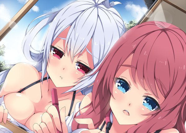 Anime picture 1000x715 with phantasy star phantasy star online 2 sega matoi (pso2) filia (pso2) milkpanda long hair blush breasts open mouth blue eyes red eyes bare shoulders multiple girls looking away cleavage silver hair red hair girl 2 girls