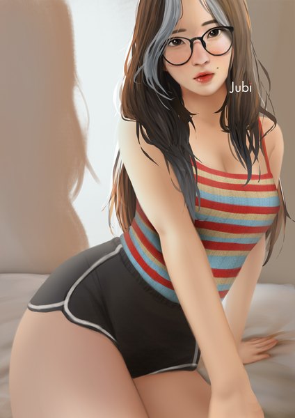 Anime picture 2480x3508 with real life adela pramestiayu (yuuchan) jubi (regiana) single long hair tall image looking at viewer highres breasts light erotic brown hair large breasts sitting signed cleavage multicolored hair grey hair black eyes realistic mole