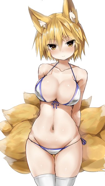 Anime picture 1599x2831 with touhou yakumo ran greatmosu single tall image looking at viewer blush short hair breasts light erotic simple background blonde hair smile large breasts standing white background bare shoulders animal ears yellow eyes tail