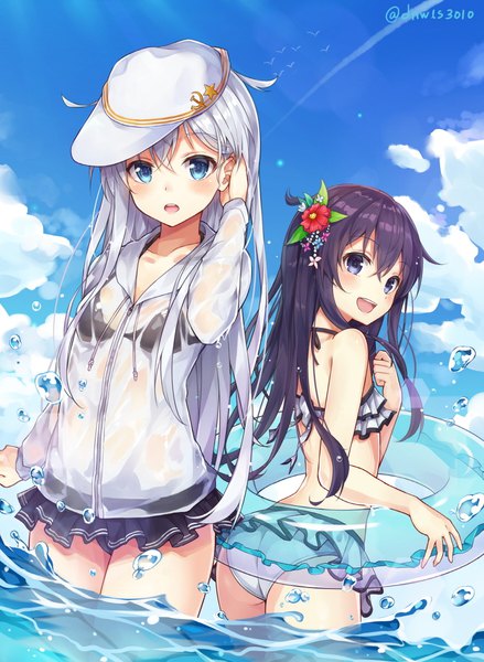 Anime picture 878x1200 with kantai collection hibiki destroyer verniy destroyer akatsuki destroyer huwari (dnwls3010) long hair tall image looking at viewer fringe open mouth blue eyes light erotic black hair smile hair between eyes standing purple eyes bare shoulders multiple girls signed