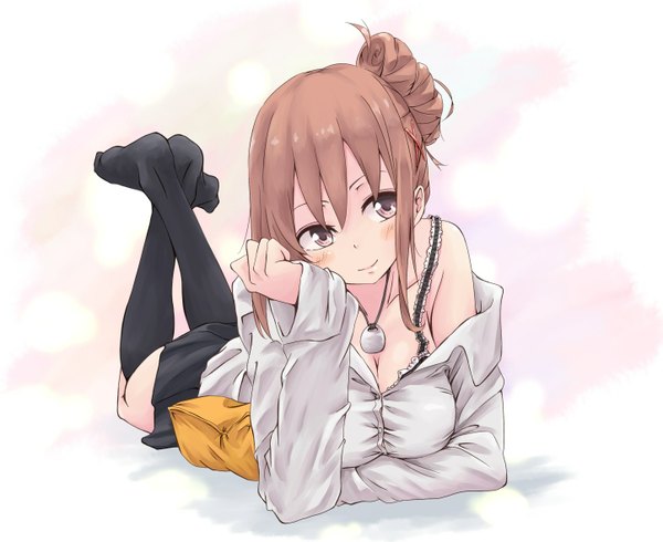 Anime picture 1445x1181 with original rutchifu single long hair looking at viewer blush breasts light erotic smile brown hair bare shoulders brown eyes bent knee (knees) pleated skirt open clothes hair bun (hair buns) open shirt no shoes crossed legs reclining