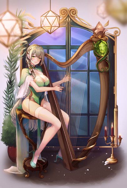 Anime picture 2526x3734 with original pistachiocream single long hair tall image looking at viewer blush fringe highres breasts light erotic smile brown hair large breasts sitting green eyes payot cleavage full body braid (braids)