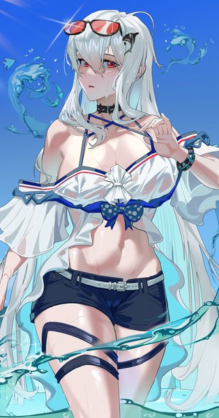 Anime picture 1608x3073 with arknights skadi (arknights) skadi (waverider) (arknights) hualili de baozha single tall image looking at viewer fringe breasts open mouth light erotic hair between eyes red eyes large breasts standing sky silver hair ahoge outdoors very long hair