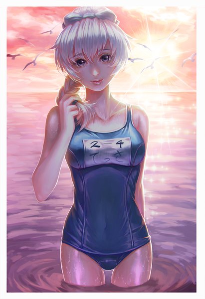 Anime picture 1500x2187 with full metal panic! gonzo teletha testarossa dannis single long hair tall image looking at viewer fringe light erotic hair between eyes silver hair braid (braids) wet grey eyes single braid adjusting hair evening sunset horizon