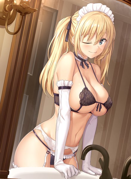 Anime picture 1875x2559 with original sawada yuusuke single long hair tall image looking at viewer blush fringe highres breasts blue eyes light erotic blonde hair smile hair between eyes large breasts standing twintails bare shoulders indoors