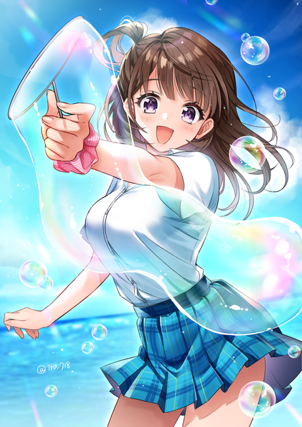 Anime picture 1000x1414 with original tyyni single long hair tall image looking at viewer blush open mouth brown hair purple eyes sky :d pleated skirt short sleeves character names one side up plaid skirt wrist scrunchie girl skirt