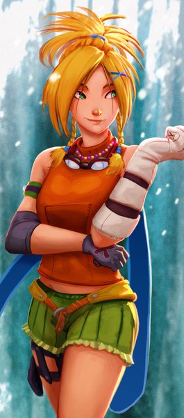 Anime picture 800x1811 with final fantasy final fantasy x square enix rikku carlos eduardo single tall image short hair blonde hair smile standing green eyes looking away goggles around neck girl gloves goggles