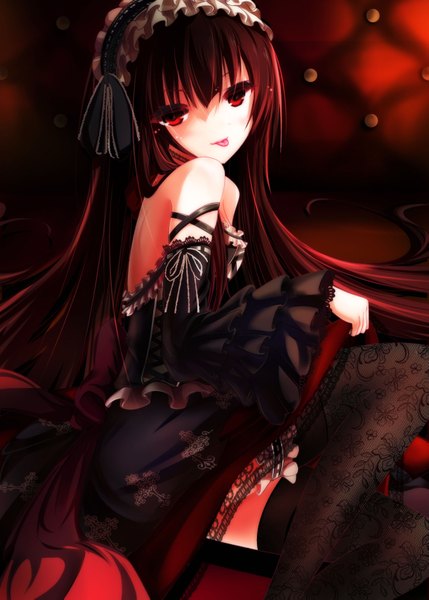 Anime picture 2301x3214 with original haguruma (hagurumali) single tall image looking at viewer highres red eyes brown hair very long hair :p lolita fashion goth-loli girl thighhighs dress black thighhighs detached sleeves headdress tongue