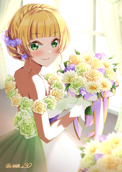 Anime picture 3541x5016 with hello!!! love live! sunrise (studio) love live! heanna sumire nota ika single tall image blush fringe highres blonde hair smile green eyes signed absurdres blunt bangs braid (braids) hair flower from above twitter username