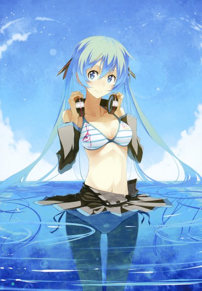 Anime picture 2087x3002 with vocaloid hatsune miku kasuga ayumu (haruhipo) long hair tall image highres smile twintails looking away sky cloud (clouds) aqua eyes aqua hair wet headphones around neck girl skirt navel swimsuit detached sleeves