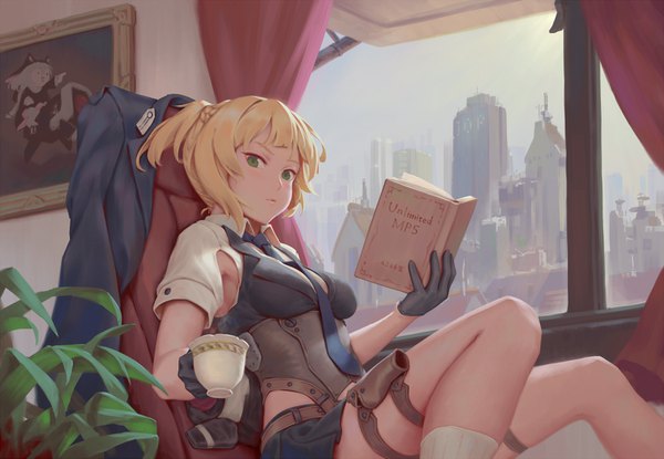 Anime picture 1600x1107 with girls frontline dinergate (girls frontline) welrod mk2 (girls frontline) p7 (girls frontline) bigrbear single looking at viewer blush fringe blonde hair sitting twintails holding green eyes bent knee (knees) text city short twintails side slit english