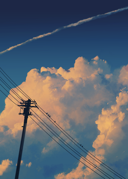 Anime picture 600x841 with original ac (eshi) tall image sitting sky cloud (clouds) from below no people animal bird (birds) power lines