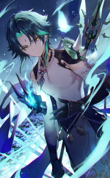 Anime picture 1200x1938 with genshin impact xiao (genshin impact) necomi (gussan) single tall image looking at viewer short hair black hair yellow eyes glowing forehead mark boy weapon mask beads spear demon mask