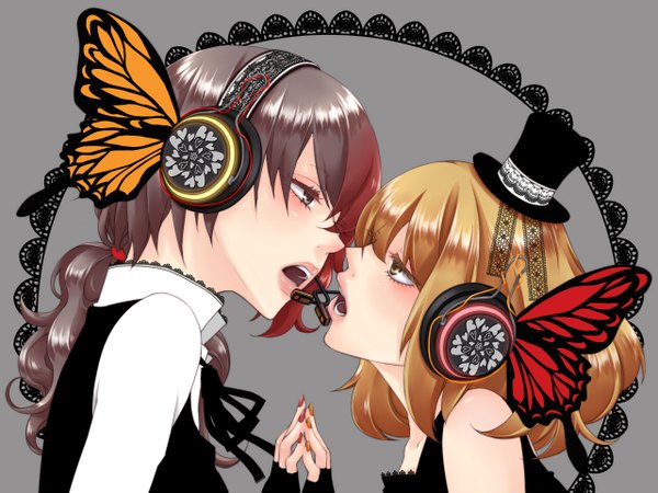 Anime picture 1280x960 with original vocaloid magnet (vocaloid) hanaji long hair short hair open mouth blonde hair multiple girls brown eyes nail polish profile multicolored hair shoujo ai face to face insect wings butterfly wings girl gloves 2 girls