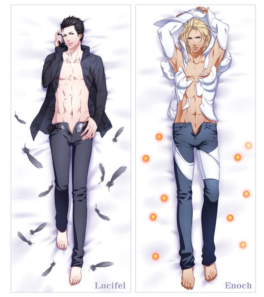 Anime picture 1600x1800 with el shaddai lucifel (el shaddai) enoch red lian kuren (artist) tall image short hair blue eyes light erotic black hair blonde hair smile red eyes lying barefoot inscription open clothes multiple boys open shirt arms behind head