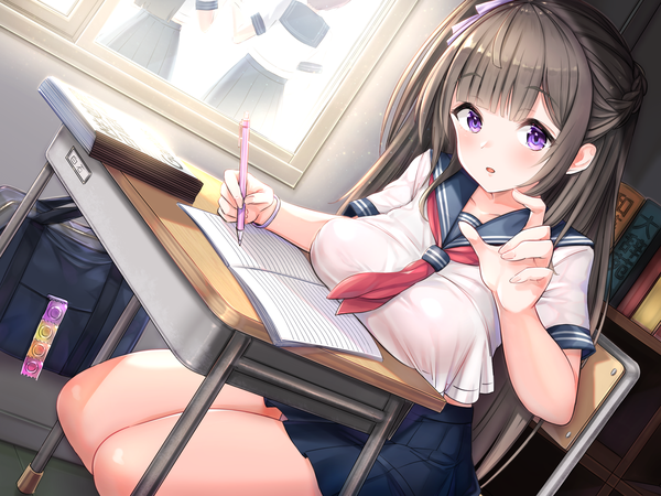 Anime picture 2240x1680 with original pecolondon looking at viewer blush fringe highres breasts open mouth light erotic brown hair large breasts sitting purple eyes multiple girls holding payot ahoge blunt bangs braid (braids) head tilt