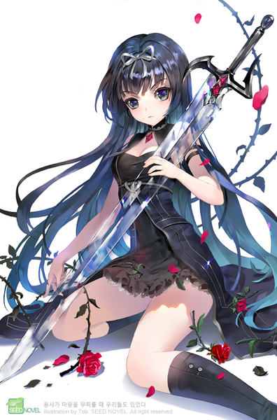 Anime picture 550x832 with original tob single long hair tall image looking at viewer fringe black hair white background sitting holding cleavage bent knee (knees) wind black eyes inscription sleeveless shiny skin transparent girl