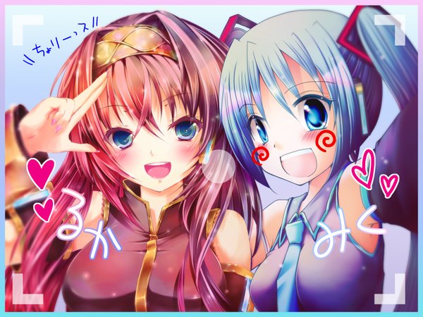 Anime picture 1600x1200 with vocaloid hatsune miku megurine luka nironiro blush multiple girls girl 2 girls necktie