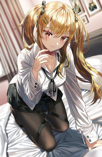 Anime picture 1000x1544 with girls frontline ump9 (girls frontline) silence girl single long hair tall image looking at viewer blush fringe breasts light erotic hair between eyes red eyes brown hair twintails payot cleavage full body bent knee (knees) indoors
