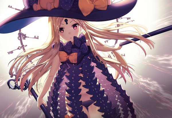 Anime picture 1456x1000 with fate (series) fate/grand order abigail williams (fate) abigail williams (second ascension) (fate) rosuuri single long hair looking at viewer blush fringe light erotic blonde hair standing holding signed parted lips pink eyes dutch angle topless polka dot