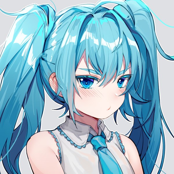 Anime picture 2480x2480 with vocaloid hatsune miku illian-san single long hair looking at viewer blush fringe highres blue eyes simple background hair between eyes twintails payot blue hair upper body ahoge grey background portrait pout