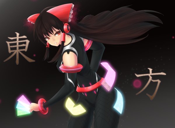 Anime picture 1346x987 with touhou hakurei reimu mokkei (artist) single long hair black hair red eyes girl bow hair bow detached sleeves