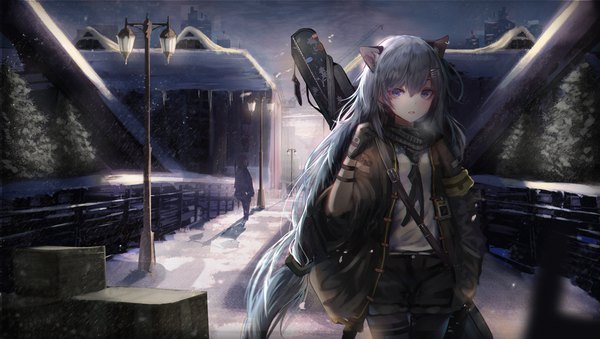 Anime picture 2000x1133 with original cotn7806 long hair looking at viewer fringe highres open mouth blue eyes hair between eyes wide image multiple girls animal ears blue hair outdoors night open clothes shadow city snowing winter